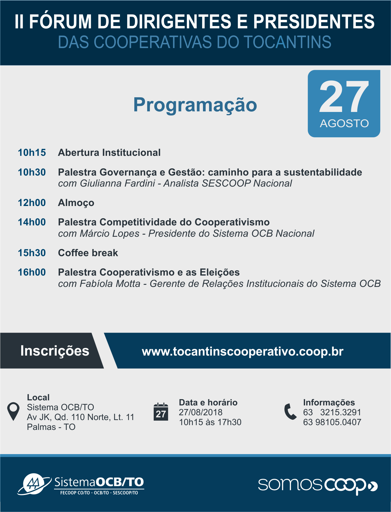 II Fórum de Dirigentes e Presidentes das Cooperativas do Tocantins acontecerá dia 27 de agosto