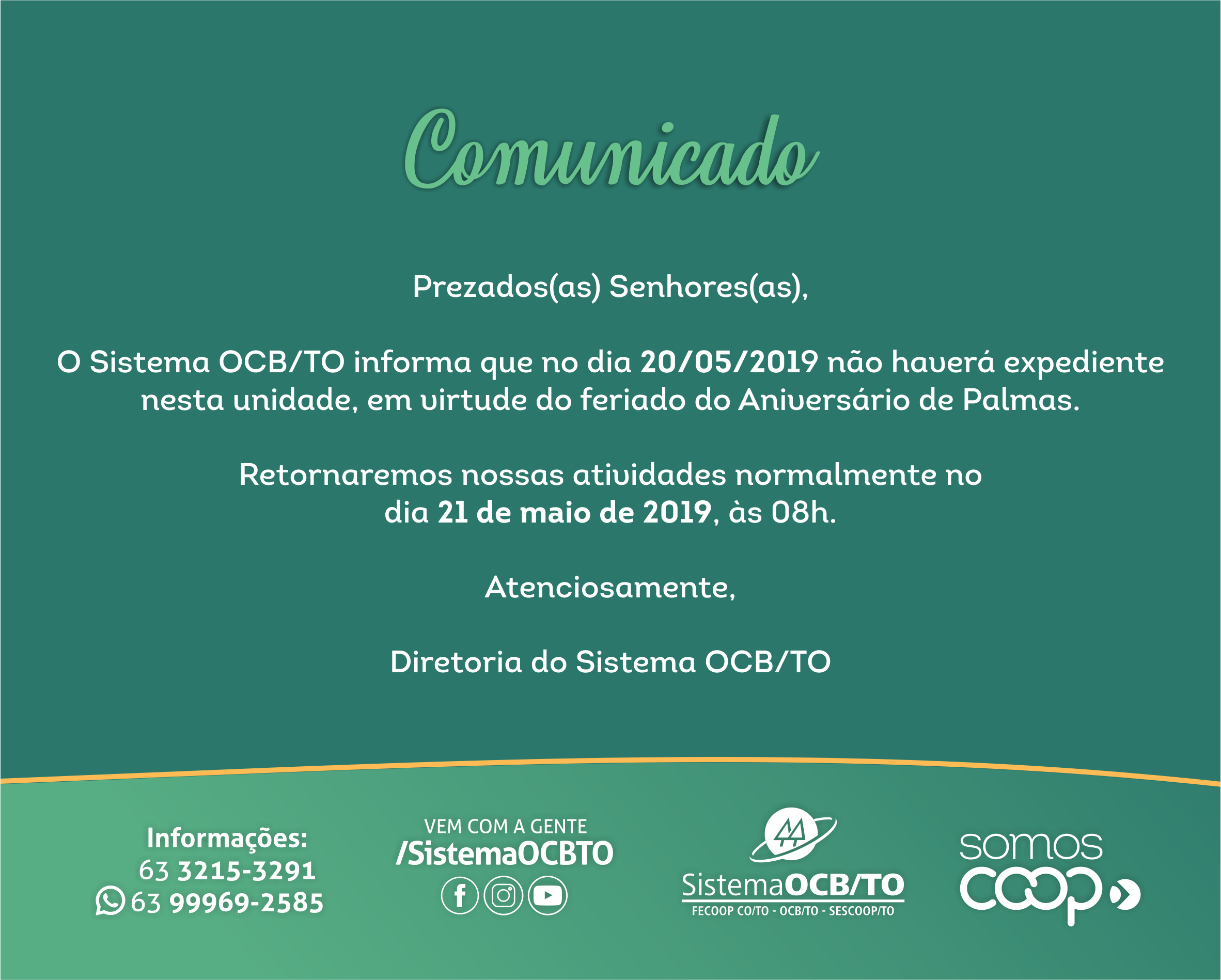 Comunicado - Feriado do Aniversário de Palmas
