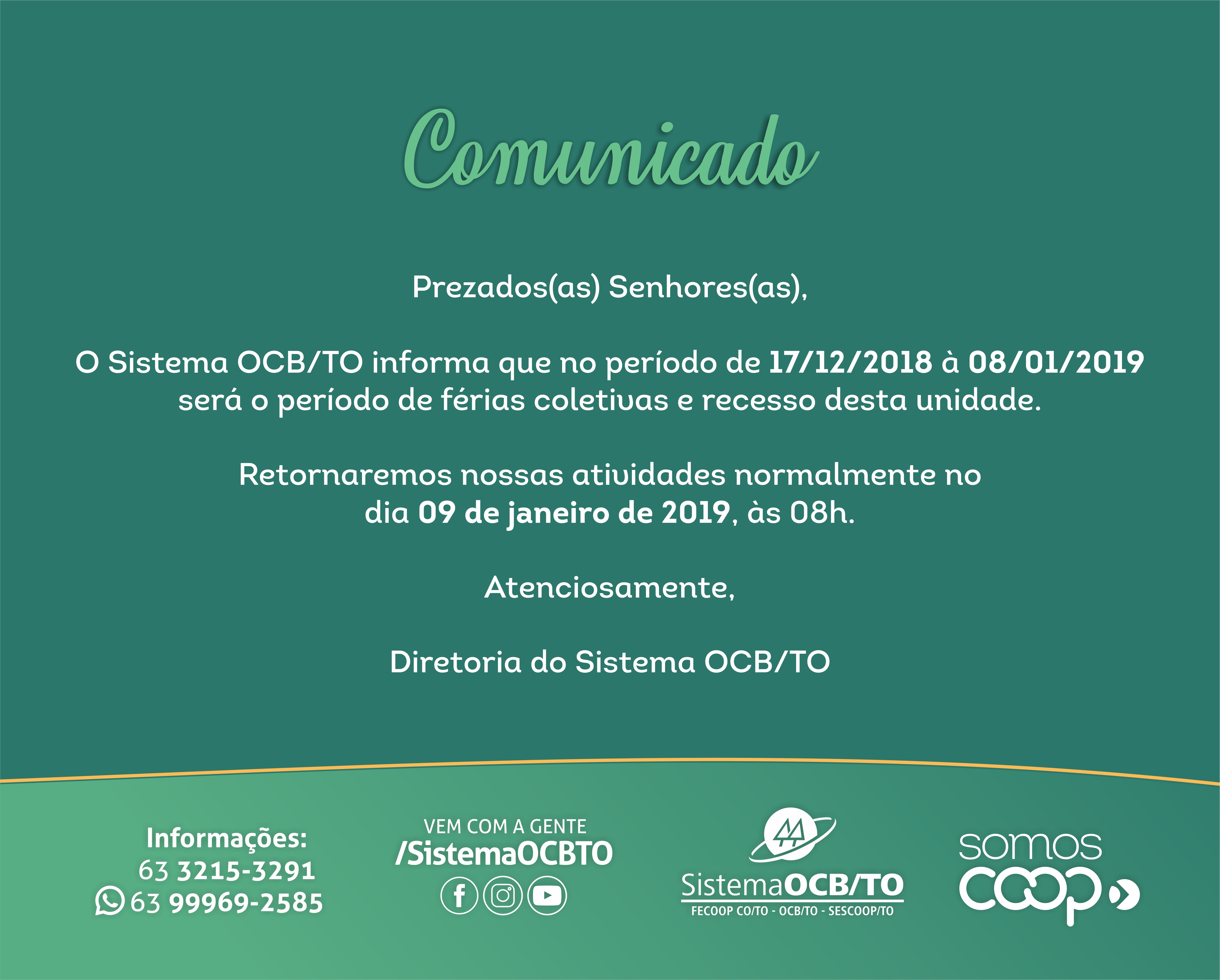 Comunicado de Férias Coletivas e Recesso
