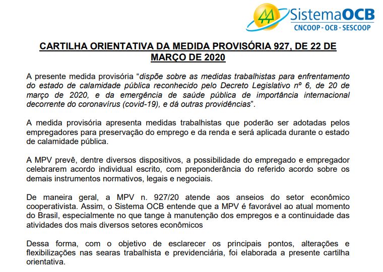 CARTILHA ORIENTATIVA DA MEDIDA PROVISÓRIA 927, DE 22 DE MARÇO DE 2020